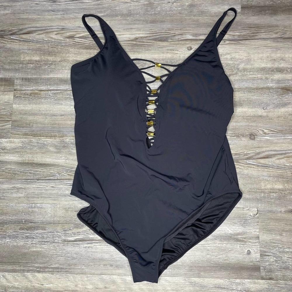 Bleu Rod Beattie Women's Black Go For The Gold Lace Down 1 Piece Swimsuit sz 22W - Picture 2 of 3